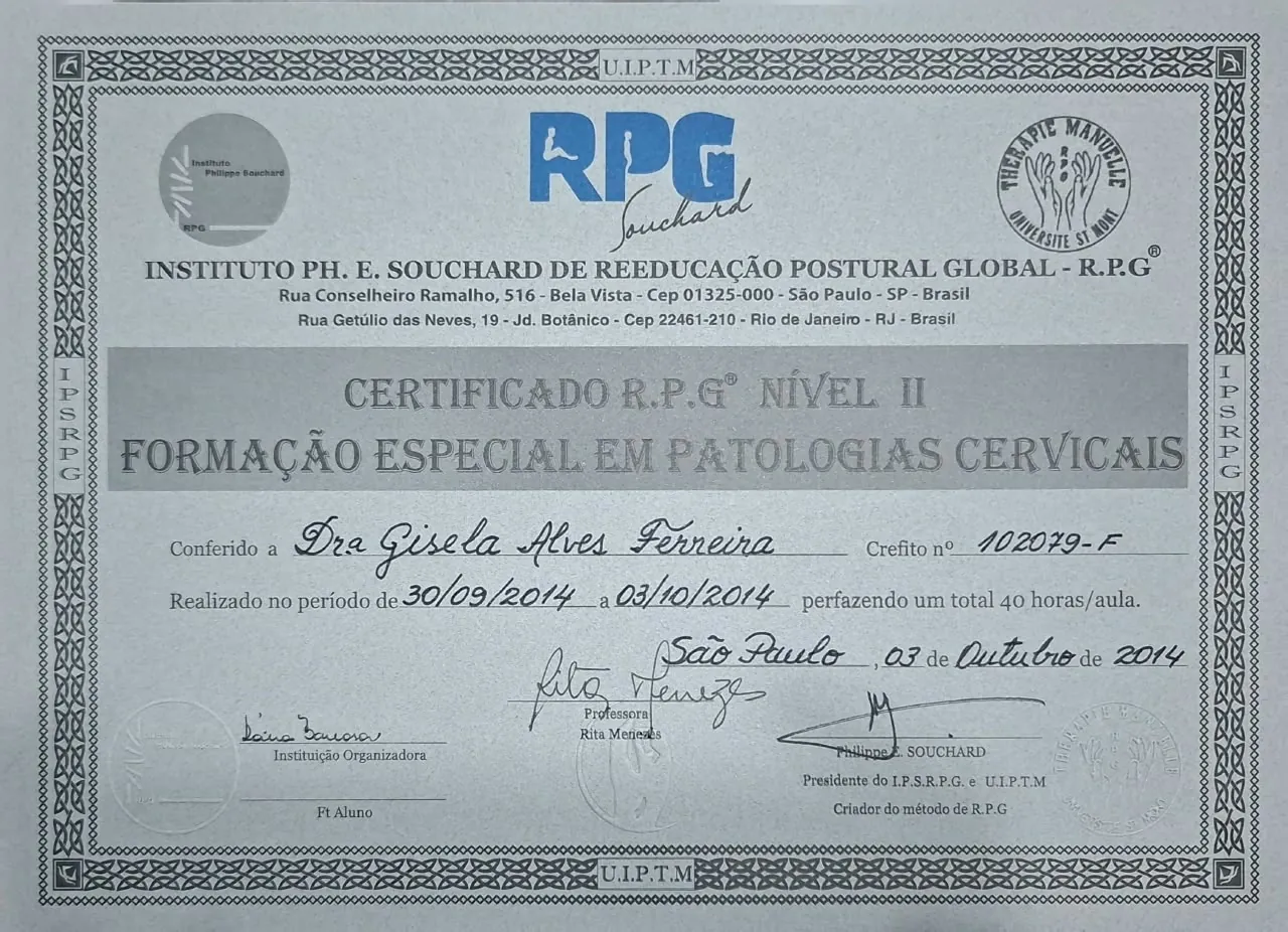 Certificado RPG Nível II, Formação Especial em Patologias Cervicais